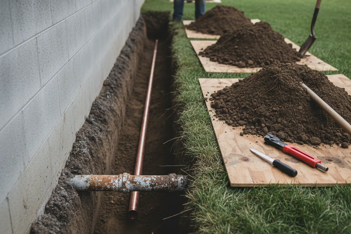 Excavated water line trench during Water Softener Installation in North Charleston